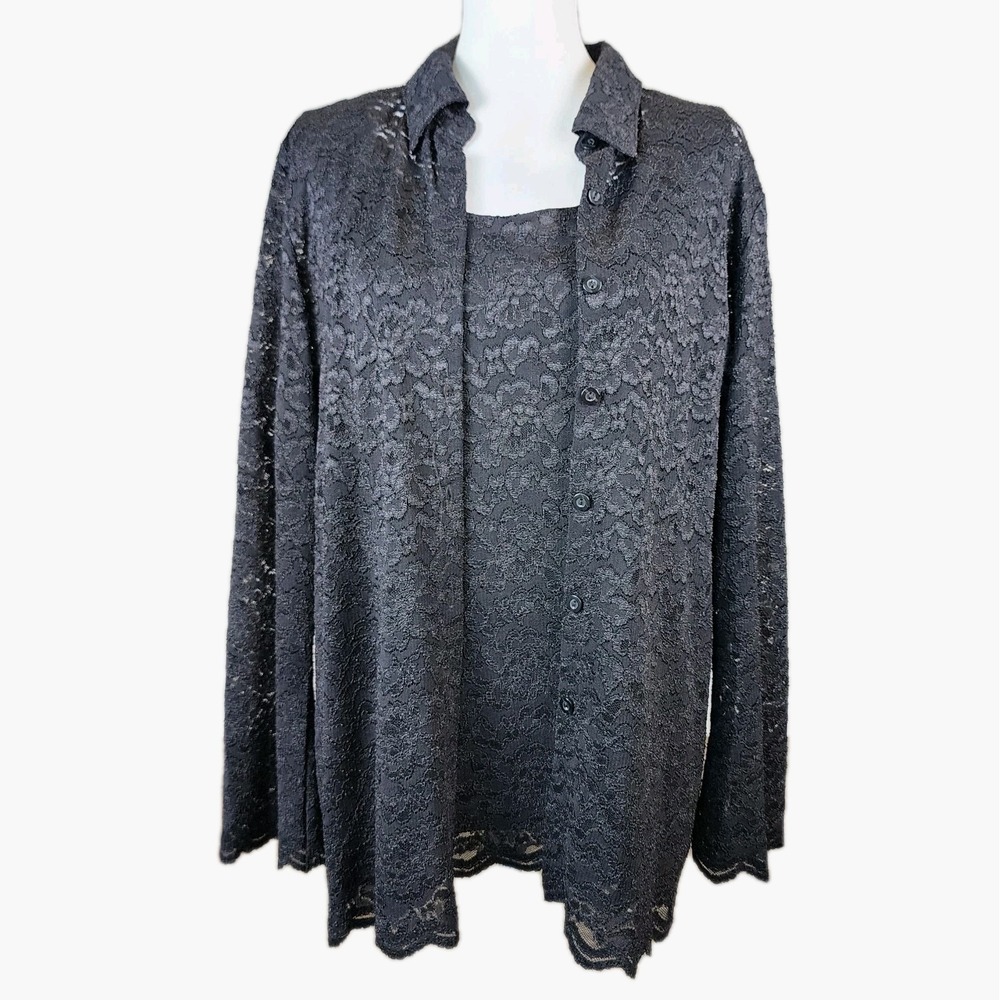 JM Collections 2pc Set Womens XL Tunic + Tank Black‎ Lace Button Down Whimsygoth